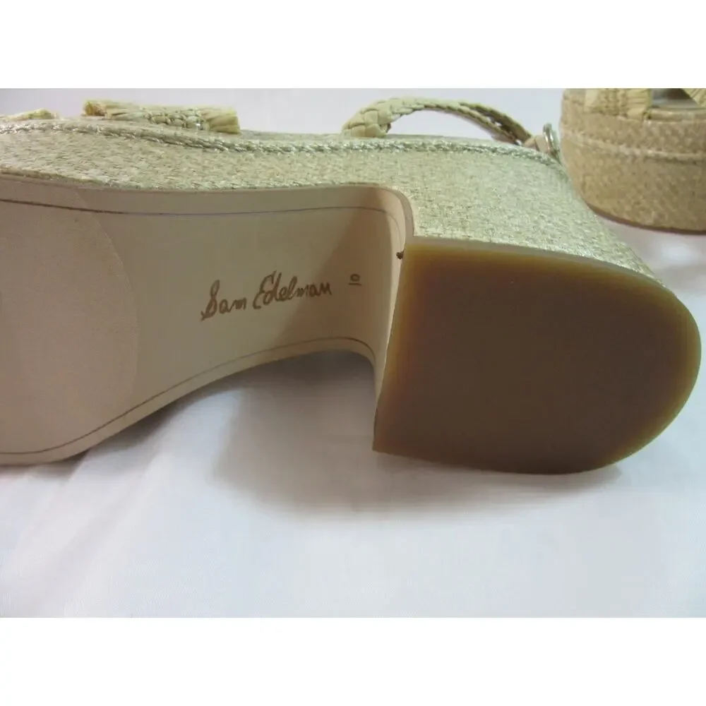 SAM EDELMAN Tan Size 10 Raffia Tropical Beaded Platform Wedge Ankle Strap Sandal - Picture 7 of 8